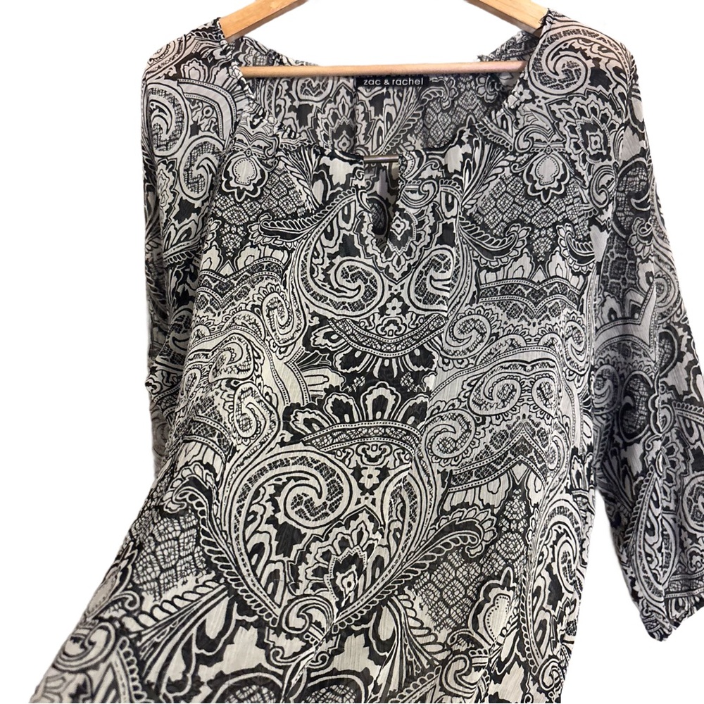 Zac & Rachel Black & Cream Paisley Shear Blouse w/ Neckline Detail Women’s Sz M